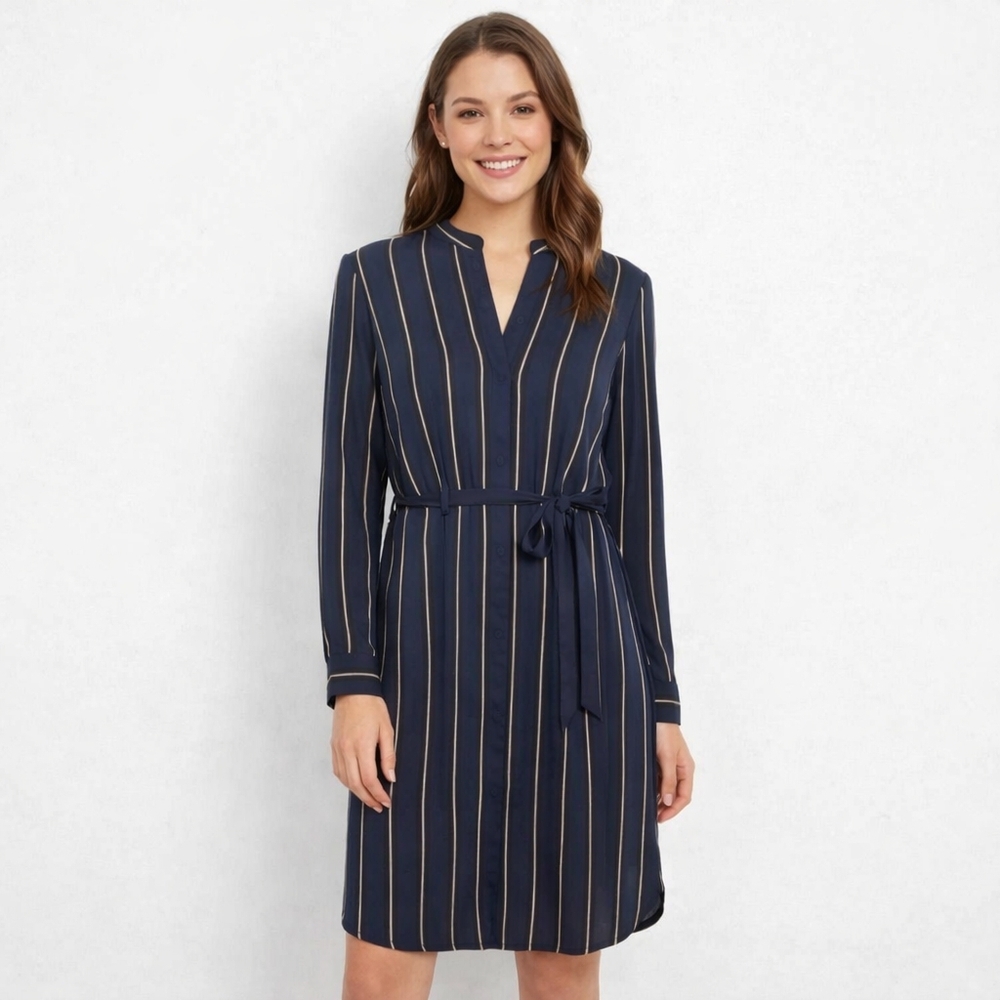 H&M Blue Black White Striped Button Up‎ Long Sleeve Knee Length Shirt Dress Sz 4